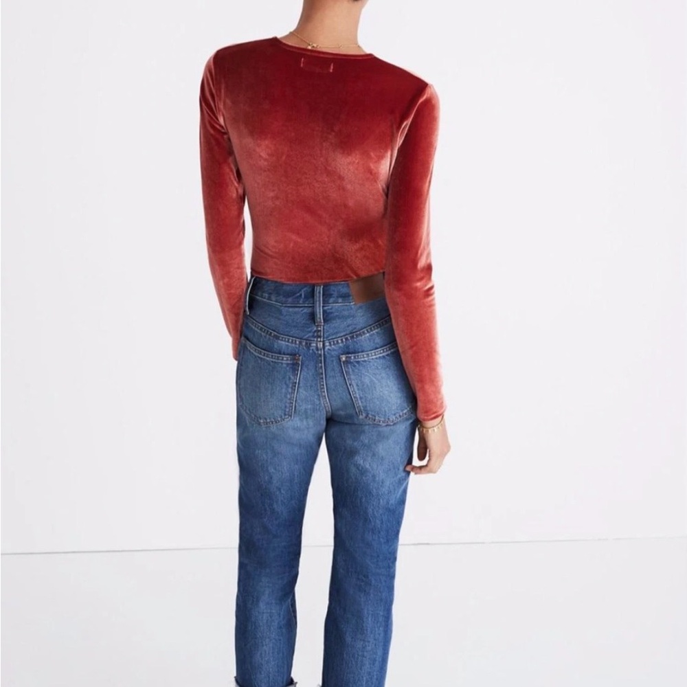 Madewell Velvet Wrap-Front Long Sleeved Bodysuit in Rusty Orange - Picture 3 of 7